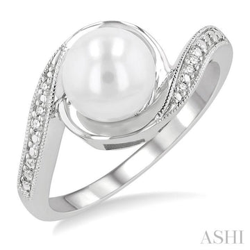 7x7 MM Round Shape Cultured Pearl and 1/50 Ctw Bypass Round Cut Diamond Ring in Sterling Silver